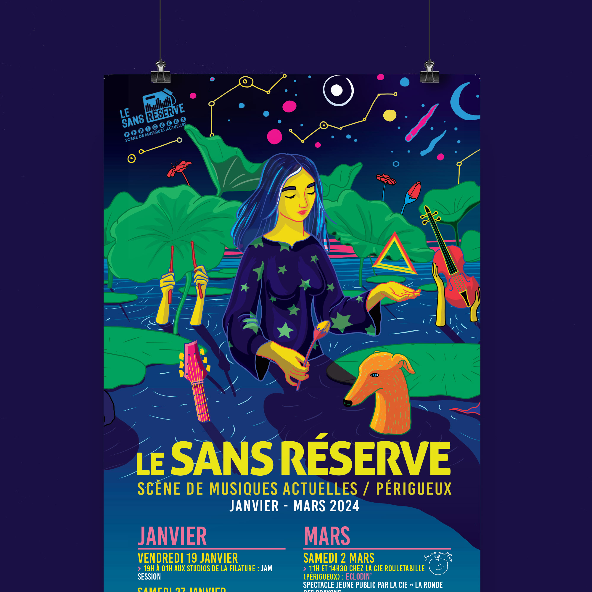 Affiche et programme janvier/mars 2024 pour la salle Le Sans Réserve